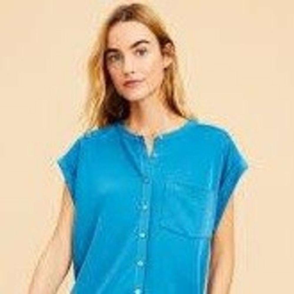 Lou & Grey Teal Blue Modal Blend Short Sleeve Button Down Top MP 761185